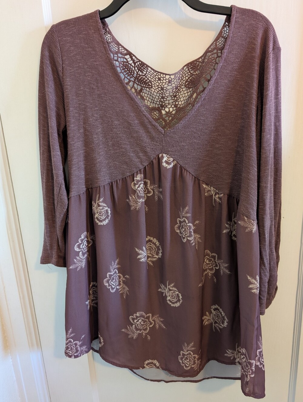 Maurices Women's Lace-Trim Flowy Purple Floral Knit Top